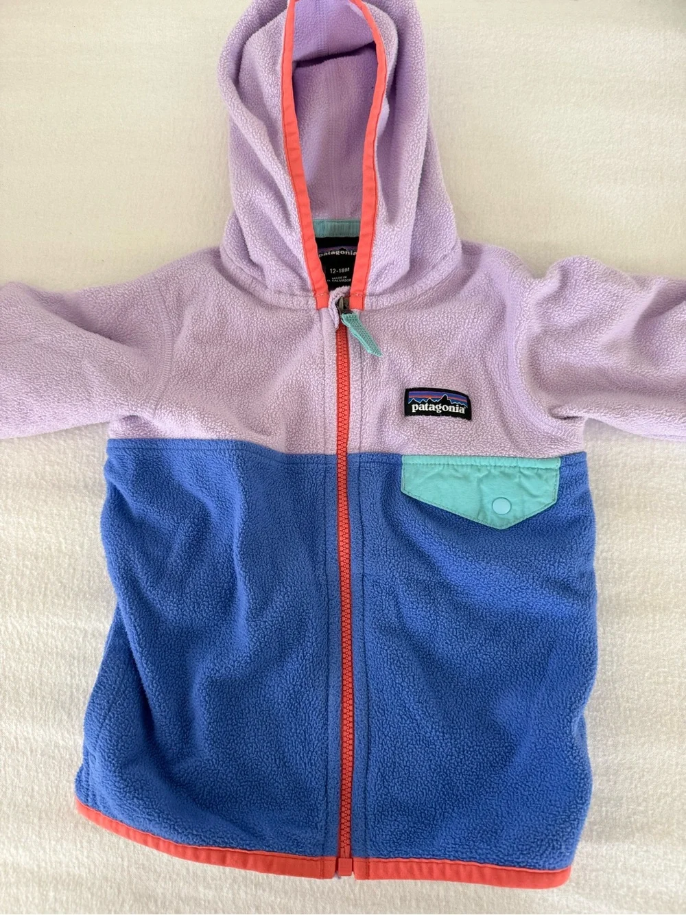 Patagonia Kids Lavender, Blue & Coral Colorblock Fleece Hoodie